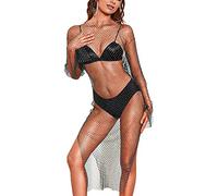 tinetill Abiti da Spiaggia in Rete da Donna Abito a Rete Trasparente con Strass Copricostume per Bikini Rave Festival Abito Trasparente Nero Abito a Sottoveste Streetwear Clubwear