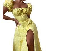 tinetill Abito Estivo Abiti da Donna Bustino Floreale Senza Schienale Vestito Estivo A Vita Alta Abito Lungo da Spiaggia Abito Boho con Maniche A Sbuffo Abito Lungo con Coulisse E Spacco