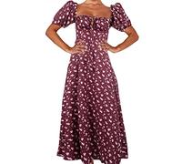 tinetill Abito Estivo Abiti da Donna Bustino Floreale Senza Schienale Vestito Estivo A Vita Alta Abito Lungo da Spiaggia Abito Boho con Maniche A Sbuffo Abito Lungo con Coulisse E Spacco