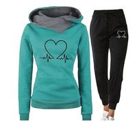 tinetill Completo Tuta Donna Completo da Jogging Set 2 Pezzi Modello Cuore Stampa Battito Cardiaco Felpa Cappuccio Completo Felpa Vita Alta Pile Sportivo Pantalone Completo Street Style