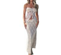 tinetill Estate delle donne 2 pezzi maxi gonna set elegante pizzo crop top a vita alta aderente maxi gonna 2 pezzi gonna set Y2K 90S streetwear
