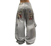 tinetill Larghi Jeans Donna Y2K Harajuku Jean Lettera Stampa Denim Pantaloni Gamba Dritta Vintage Hip Hop Jeans Pantaloni Casual con Tasche Jeans Casual Allentati E-Girl Streetwear