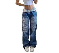 tinetill Pantaloni Cargo Donna Jeans Larghi Pantaloni Casual Y2K Pantaloni a Gamba Larga Pantaloni Denim Dritti Vintage Pantaloni Jeans Svasati Stella con Tasca Anni '90 E-Girl Streetwear