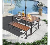 TinFrey Set da Birra 3 Pezzi, Set Giardino 3 Pezzi 140 cm Tavolo e 2 Panche Set in legno con 5 cm Foro Ombrello Mobili da Giardino Idrorepellente per Party Sagra Festa Evento Campeggio Esterno