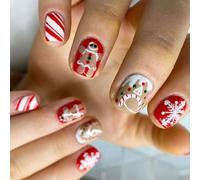 TingHaoO Natale Press On Nails Pan di zenzero uomo unghie finte Candy House Full Covers Stick on Nails fiocco di neve unghie artificiali