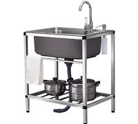 TINGMIAN Grande lavello da cucina a vasca singola autoportante in acciaio inox con filtro e rack di stoccaggio per lavanderia interna ed esterna (rubinetto caldo e freddo, 60 x 45 cm)