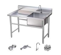 TINGMIAN Lavello da cucina autoportante in acciaio inox, banco da lavoro con un vano con kit di scarico rubinetto per ristorante commerciale (piattaforma sinistra, 100 x 50 x 80 cm)