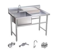 TINGMIAN Lavello da cucina indipendente in acciaio inox, banco da lavoro con un vano con kit di scarico rubinetto per ristorante commerciale (piattaforma destra, 110 x 63 x 80 cm)