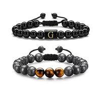TINGN 2 Pezzi Bracciali da Uomo con Occhio di Tigre, Pietra Naturale da 8 mm Bracciale Iniziale in Ossidiana Occhio di Tigre Pietra Lavica Braccialetti con Perline per Uomo Yoga Regali per Uomo (G)