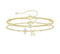 TINGN Bracciale da donna in oro 14 carati, placcato oro 14 carati, quadrifoglio, con lettera CZ, bracciale da donna, regalo personalizzato per donne e fidanzate, Ottone