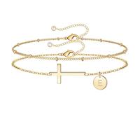 TINGN Bracciale da donna in oro con croce - placcato oro 14 carati a strati personalizzati con lettere monogramma fette bracciale da donna in oro oro placcato battesimo regalo per donne adolescenti