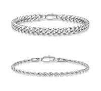 TINGN Bracciale da uomo in argento 316L in acciaio inox cubano, corda ro, set di gioielli regalo per uomini, papà, fidanzato, marito, Acciaio inossidabile