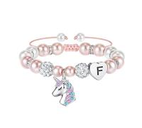 TINGN Bracciale Unicorno per Regali per Ragazze Adolescenti, Braccialetti con Perline Rosa Bracciale Cuore Ragazze Iniziale Bracciale con Ciondolo Unicorno Regali per Regali Unicorni per Ragazze (F)