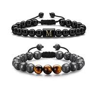 TINGN Braccialetto da Regalo per Uomo Con Occhio di Tigre Naturale e Perline di Pietra Lavica Nera - Gioielli Con Lettera per Compleanno (M)
