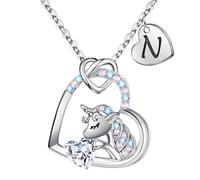 TINGN Collana a forma di unicorno, con ciondolo a forma di cuore, con unicorno, per ragazze, regalo di compleanno per ragazze, 18"+2", Ottone, Zirconia cubica
