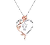 TINGN Collana da donna a forma di cuore con rose, placcata in oro bianco 14 carati, argento CZ con lettere dalla A alla Z, regalo di compleanno per donne, fidanzate, ragazze, regalo per compleanno