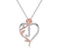 TINGN Collana da donna a forma di cuore con rose, placcata in oro bianco 14 carati, argento CZ con lettere dalla A alla Z, regalo di compleanno per donne, fidanzate, ragazze, regalo per compleanno