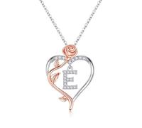 TINGN Collana da donna a forma di cuore con rose, placcata in oro bianco 14 carati, argento CZ con lettere dalla A alla Z, regalo di compleanno per donne, fidanzate, ragazze, regalo per compleanno