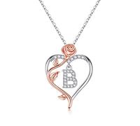 TINGN Collana da donna a forma di cuore con rose, placcata in oro bianco 14 carati, argento CZ con lettere dalla A alla Z, regalo di compleanno per donne, fidanzate, ragazze, regalo per compleanno