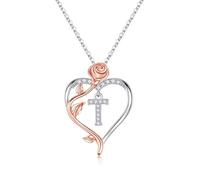 TINGN Collana da donna a forma di cuore con rose, placcata in oro bianco 14 carati, argento CZ con lettere dalla A alla Z, regalo di compleanno per donne, fidanzate, ragazze, regalo per compleanno