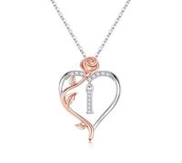 TINGN Collana da donna a forma di cuore con rose, placcata in oro bianco 14 carati, argento CZ con lettere dalla A alla Z, regalo di compleanno per donne, fidanzate, ragazze, regalo per compleanno