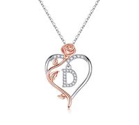 TINGN Collana da donna a forma di cuore con rose, placcata in oro bianco 14 carati, argento CZ con lettere dalla A alla Z, regalo di compleanno per donne, fidanzate, ragazze, regalo per compleanno