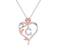 TINGN Collana da donna a forma di cuore con rose, placcata in oro bianco 14 carati, argento CZ con lettere dalla A alla Z, regalo di compleanno per donne, fidanzate, ragazze, regalo per compleanno