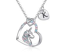 TINGN Collana Regali Unicorno Cuore per Ragazze Donne, Collana con Ciondolo Unicorno Cuore Placcato Oro Bianco 14k Catena con Lettera K Regali Compleanno Unicorno per Figlia Ragazze Gioielli