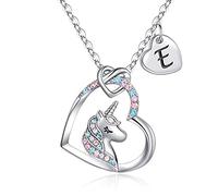 TINGN Collana Regali Unicorno Cuore per Ragazze Donne, Collana con Ciondolo Unicorno Cuore Placcato Oro Bianco 14k Catena con Lettera E Regali Compleanno Unicorno per Figlia Ragazze Gioielli