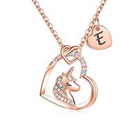 TINGN Collana Regali Unicorno Cuore per Ragazze Donne, Collana Cuore Placcato Oro Rosa 14K Collana Unicorno Catena con Lettera E Natale Compleanno Unicorno Regali per Figlia Ragazze Gioielli