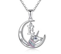 TINGN Collana Regali Unicorno per Ragazze, Placcato Oro Bianco 14k con Zirconi Cubici Lettera E Iniziale Collana Unicorno Regali Unicorno Ciondolo Luna Collane Bambini per Ragazze Gioielli da Donna