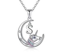 TINGN Collana Unicorno Ragazze Regali, Collana Unicorno Placcato Oro Bianco 14k Ragazze Crescent Moon Ciondolo Catena Unicorno Lettera S Collana Unicorno Regalo Gioielli per Ragazze Adolescenti