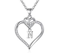 TINGN Collane con Iniziale Cuore, Collana con Pendente a Cuore con Iniziale N Placcato in Oro Bianco 14K Collane a Cuore Delicate Collane a Cuore in Argento per Gioielli Fidanzata per Donne Ragazze