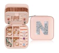 TINGN Iniziale, piccolo portagioie personalizzato con nome N e zircone, da viaggio, con specchio, per donne, ragazze, regalo per compleanni, Natale, festa della mamma