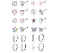 TINGN Orecchini a cerchio ipoallergenici per ragazze e donne in acciaio inossidabile chirurgico a vite posteriore orecchini set per orecchie sensibili carino cuore CZ fiore perla palla piccoli