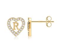 TINGN Orecchini a forma di lettera da ragazza, placcati in oro 14 carati, a forma di cuore, per bambini, senza nichel, con zirconi, regalo per ragazze e donne, Ottone Argento sterling, Zirconia cubica