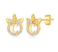 TINGN Orecchini a forma di unicorno per ragazze - Argento 925 anallergico - Zircone arcobaleno colorato - Orecchini con lettere in oro - Gioielli a forma di unicorno - Regalo per ragazze dai 5 ai 12