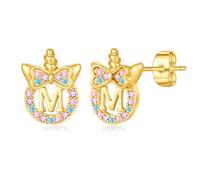 TINGN Orecchini a forma di unicorno per ragazze, regali - Orecchini a lobo in argento 925 ipoallergenico, arcobaleno colorato con zirconia, con lettere in oro, gioielli per bambini, regalo a tema