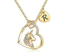 TINGN Regali per Ragazze Collana Unicorno, Placcato Oro 14k CZ Ciondolo Cuore Collane Unicorno Regalo Oro Collana con Iniziale R da Donna Regali di Compleanno Unicorno per Ragazze Gioielli