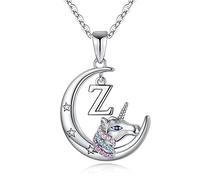 TINGN Regali Unicorno per Ragazze Collana a Catena, Ciondolo Luna Placcato in Oro Bianco 14k Colorato CZ Collana Unicorno Z Gioielli Unicorno Iniziali Collane per Bambini per Ragazze Regali Unicorni