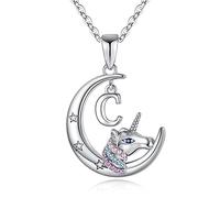 TINGN Regali Unicorno per Ragazze Collana Donna, Ciondolo Luna Crescent Placcato Oro Bianco 14k Collana Unicorno CZ Lettera C Catena Unicorno Regali Collana Unicorno per Gioielli Ragazze