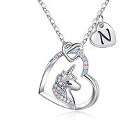 TINGN Regali Unicorno per Ragazze Collana in Oro Bianco, Placcato Oro 14k Catena Lettera N Collane Unicorno per Ragazze Donne Ragazze Ciondolo Cuore Collana Unicorno Regali per Ragazze