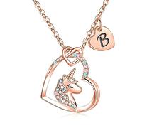TINGN Regali Unicorno per Ragazze Collana in Oro Rosa, Catena con Lettera B Placcata Oro 14K Collane con Unicorno per Ragazze Donne Ragazze Ciondolo a Cuore Collana con Unicorno Regali per Ragazze