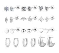 TINGN Set di 12 paia di orecchini a perno in oro argento 316L acciaio chirurgico CZ a forma di cuore, helix, trago, orecchio, cartilagine, orecchio, gioielli per uomo e donna, Argento