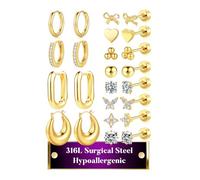 TINGN Set di 12 paia di orecchini a perno in oro argento 316L acciaio chirurgico CZ a forma di cuore, helix, trago, orecchio, cartilagine, orecchio, gioielli per uomo e donna, Argento