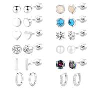 TINGN Set di 12 paia di orecchini a perno in oro argento 316L acciaio chirurgico CZ a forma di cuore, helix, trago, orecchio, cartilagine, orecchio, gioielli per uomo e donna, Argento