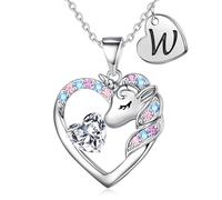 TINGN Unicorno regalo per ragazze - Collana con unicorno per ragazze placcato oro 14 carati, collana a forma di unicorno, collana con ciondolo a forma di cuore, collana con lettere, collana per
