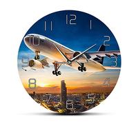 tingnn Take Off Sunset Airplane Aviator Home Decor Orologio da parete Aereo a getto d'aria Volando sopra l'orizzonte della città Aereo moderno Orologio da parete silenzioso-Frameless_Simple_Design