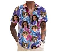Tingwei Camicia Uomo Donna Personalizzato con Foto del Viso Camicia Hawaiana Personalizzata Manica Corta Tasca Frontale Floreale Ananas Tropicale Foglia di Palma Stampata Aloha Hawaii Camicia