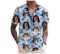 Tingwei Camicia Uomo Donna Personalizzato con Foto del Viso Camicia Hawaiana Personalizzata Manica Corta Tasca Frontale Floreale Ananas Tropicale Foglia di Palma Stampata Aloha Hawaii Camicia
